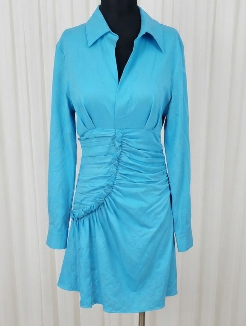 Nocturne Linen Blend Ruched Dress with Draping detail at body and skirt.